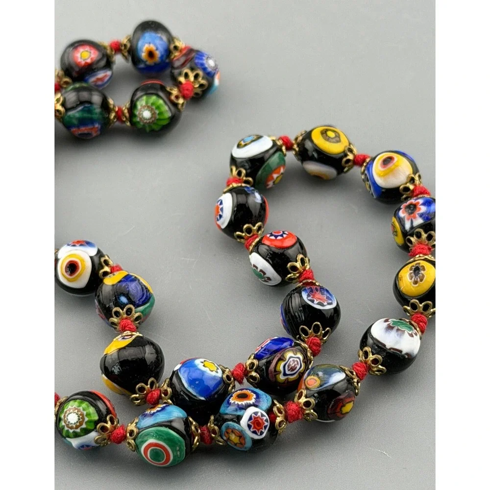 Vintage Venetian Millefiori Necklace Glass Beads Hand Knotted  Barrel Clasp 17